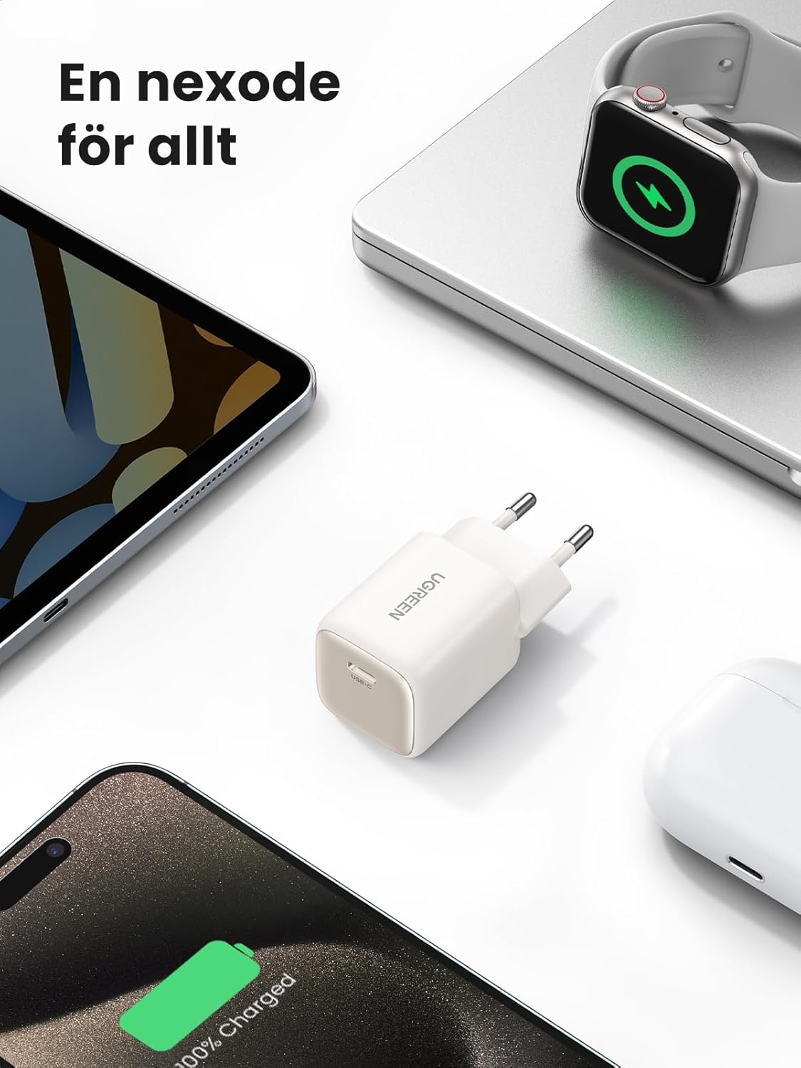UGREEN Nexode 30W USB C-laddare USB C Power Bank GaN II Tech Snabbladdare Kompatibel med iPhone 14 Pro Max, 14, 13, 12, Galaxy S23 Ultra, S22, iPad, Tab A8, Pixel, HomePod (Svart)