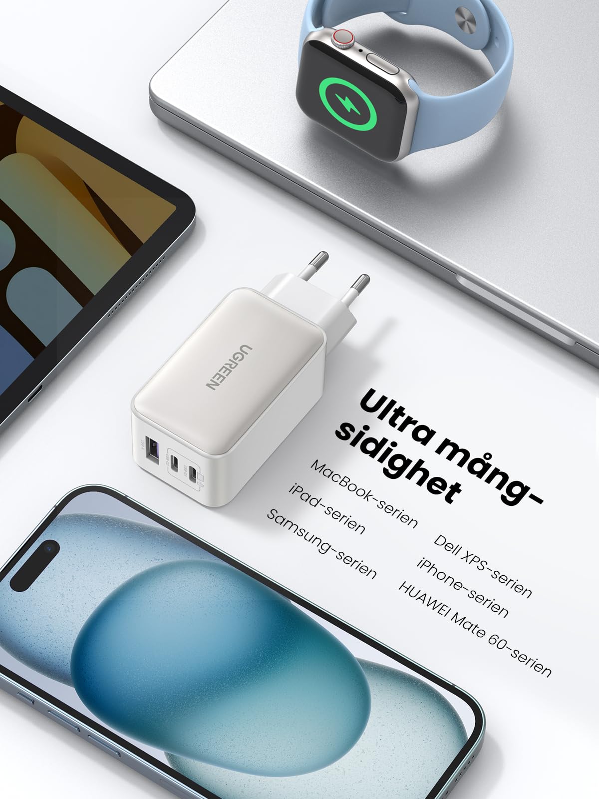 UGREEN Nexode USB C-laddare 65W USB C-strömadapter 3-portars GaN PD Charger PPS Kompatibel med MacBook Pro/Air, iPhone 16 Pro Max, 15, iPad Pro, Galaxy S24, S23, S22, Steam Deck.(Svart)