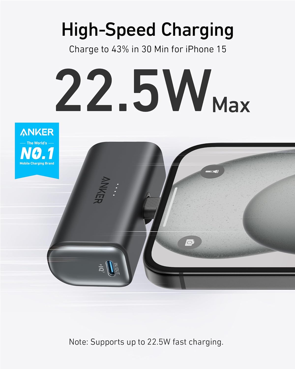 Anker Nano Powerbank, 5000 mAh Powerbank 22,5 W, integrerad vikbar USB-C-kontakt