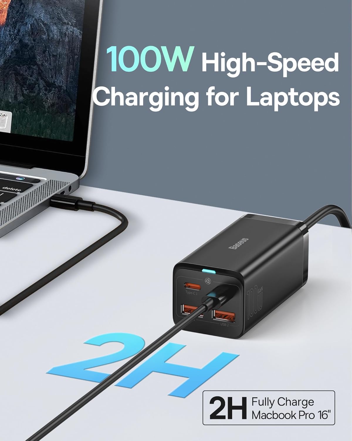 Baseus 100W USB C-laddare PD GaN III, PPS 4-portars snabbkompakt med 5 fot växelströmskabel, strömadapter för Mac-Book Pro 16″, Mac-Book Air, iP-ad Pro, Steam Deck, Galaxy S22, Dell XPS 13, Note 20