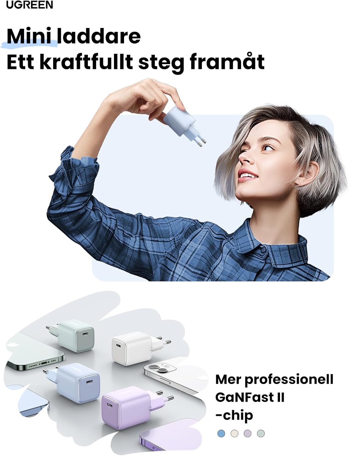 UGREEN Nexode 30W USB C-laddare USB C Power Bank GaN II Tech Snabbladdare Kompatibel med iPhone 14 Pro Max, 14, 13, 12, Galaxy S23 Ultra, S22, iPad, Tab A8, Pixel, HomePod (Svart)