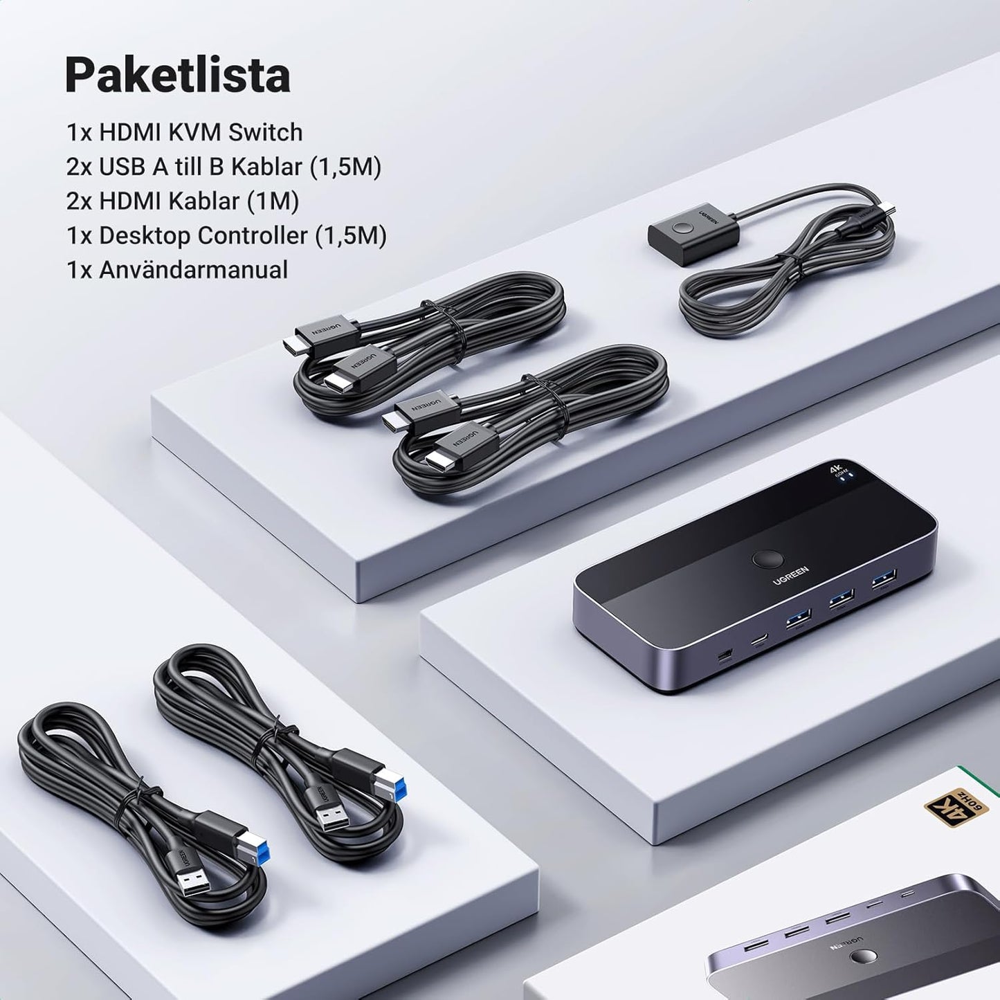 UGREEN HDMI 2.0 KVM Switch 4K@60Hz USB 3.0 Switch 4 USB portar (3*USB 3.0+ USB C) Dela 1 bildskärm och Tangentbord, Mus, Skrivare, U-disk för 2 PC med 2 USB Kablar och 2 HDMI Kablar.