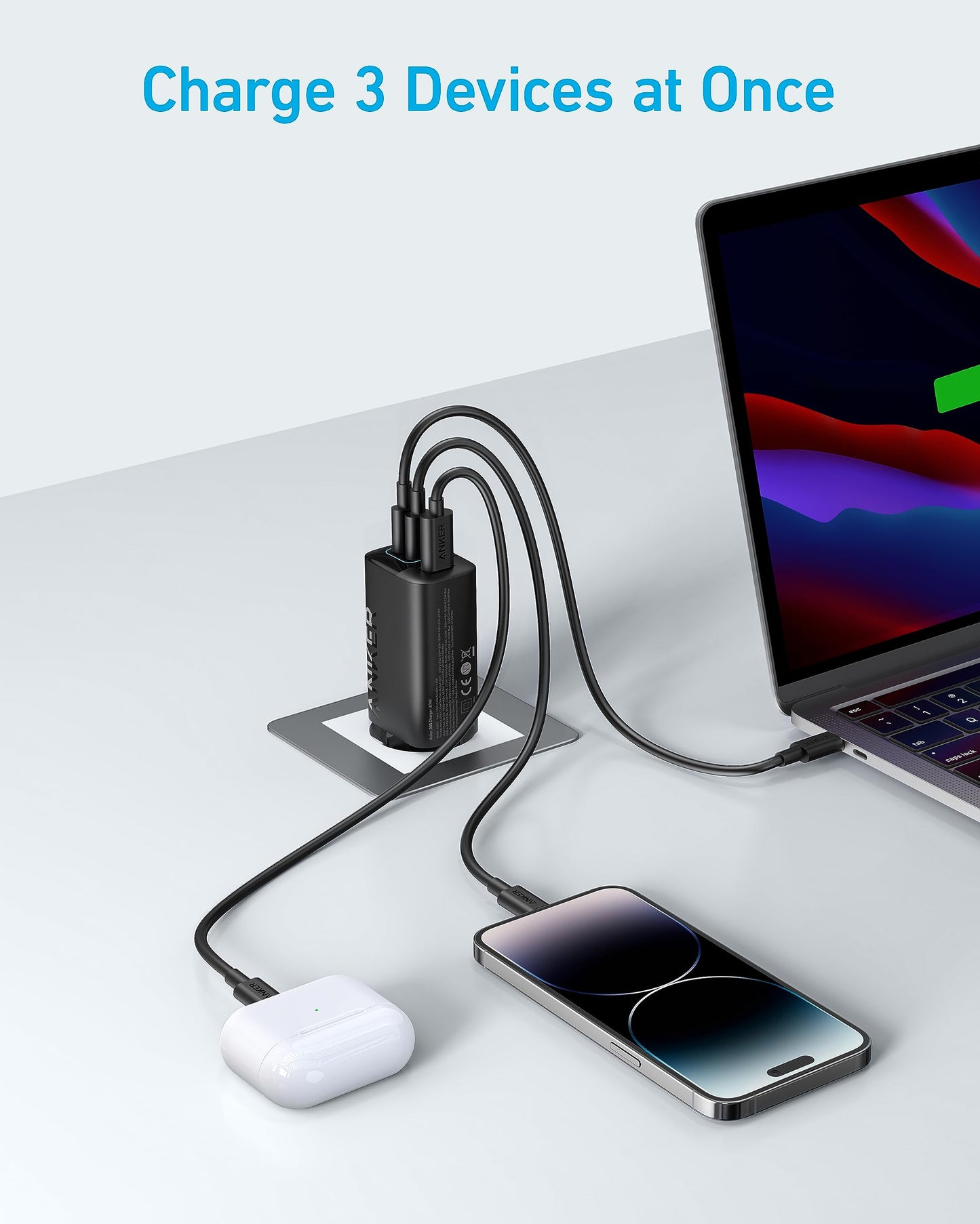 Anker 67W USB C-laddare, 3-portars PIQ 3.0 kompakt snabbladdare, 1,5 m USB C till USB C-kabel ingår)
