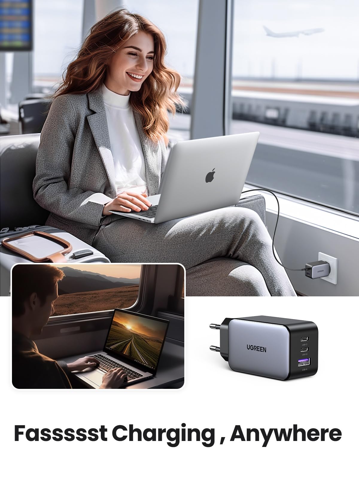 UGREEN Nexode USB C-laddare 65W USB C-strömadapter 3-portars GaN PD Charger PPS Kompatibel med MacBook Pro/Air, iPhone 16 Pro Max, 15, iPad Pro, Galaxy S24, S23, S22, Steam Deck.(Svart)