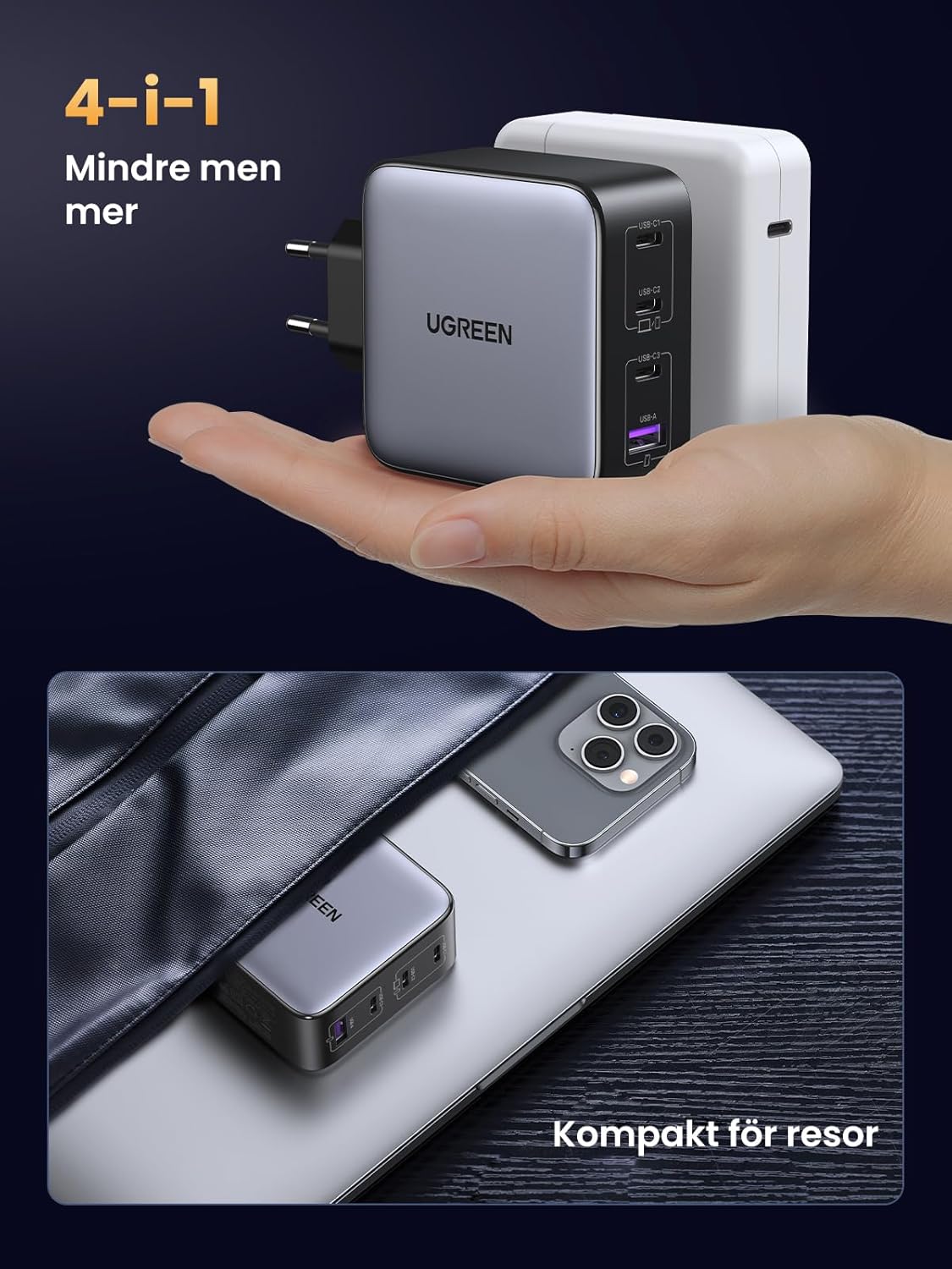 UGREEN Nexode 100W USB C Laddare GaN USB C Charger 4 Portar Laddare PD Strömadapter med PPS Kompatibel med MacBook Pro, iPhone 16/16 Pro/15 Pro Max/15, iPad Pro, S24 Ultra, S23, S22, Steam Deck osv.