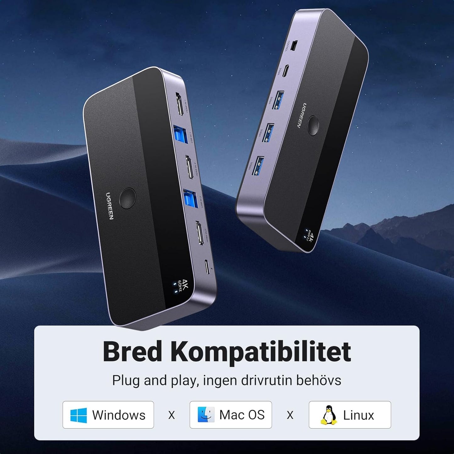 UGREEN HDMI 2.0 KVM Switch 4K@60Hz USB 3.0 Switch 4 USB portar (3*USB 3.0+ USB C) Dela 1 bildskärm och Tangentbord, Mus, Skrivare, U-disk för 2 PC med 2 USB Kablar och 2 HDMI Kablar.