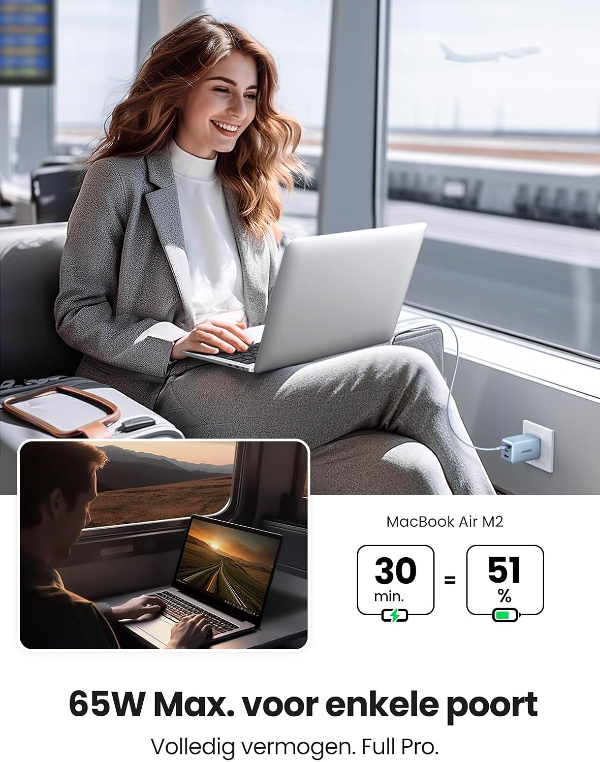UGREEN Nexode USB C-laddare 65W USB C-strömadapter 3-portars GaN PD Charger PPS Kompatibel med MacBook Pro/Air, iPhone 16 Pro Max, 15, iPad Pro, Galaxy S24, S23, S22, Steam Deck.(Svart)