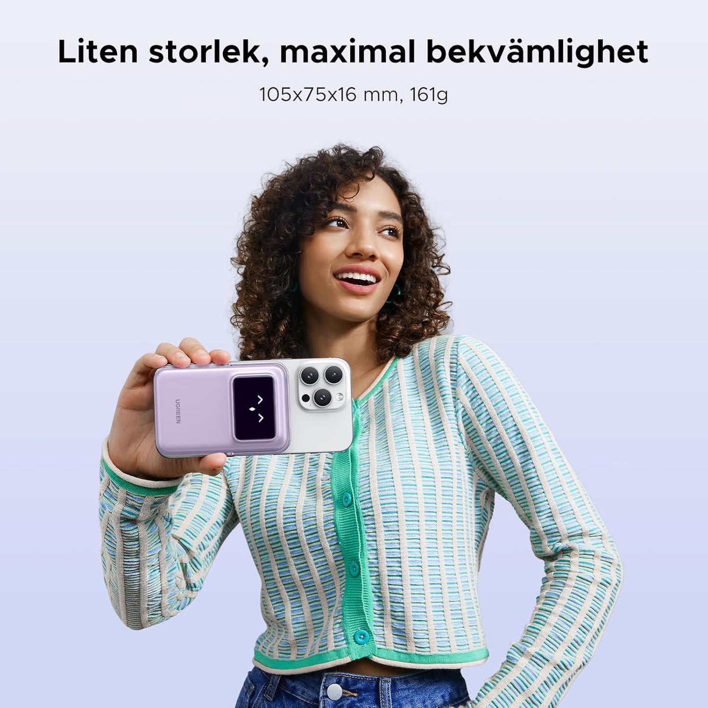 UGREEN Uno Wireless Power Bank 5000mAh Magnetisk powerbank med vikbart stativ och TFT-skärm, 20W USB-C snabbladdning, 7.5W MagSafe kompatibel med iPhone 12-16-serien (Lila)