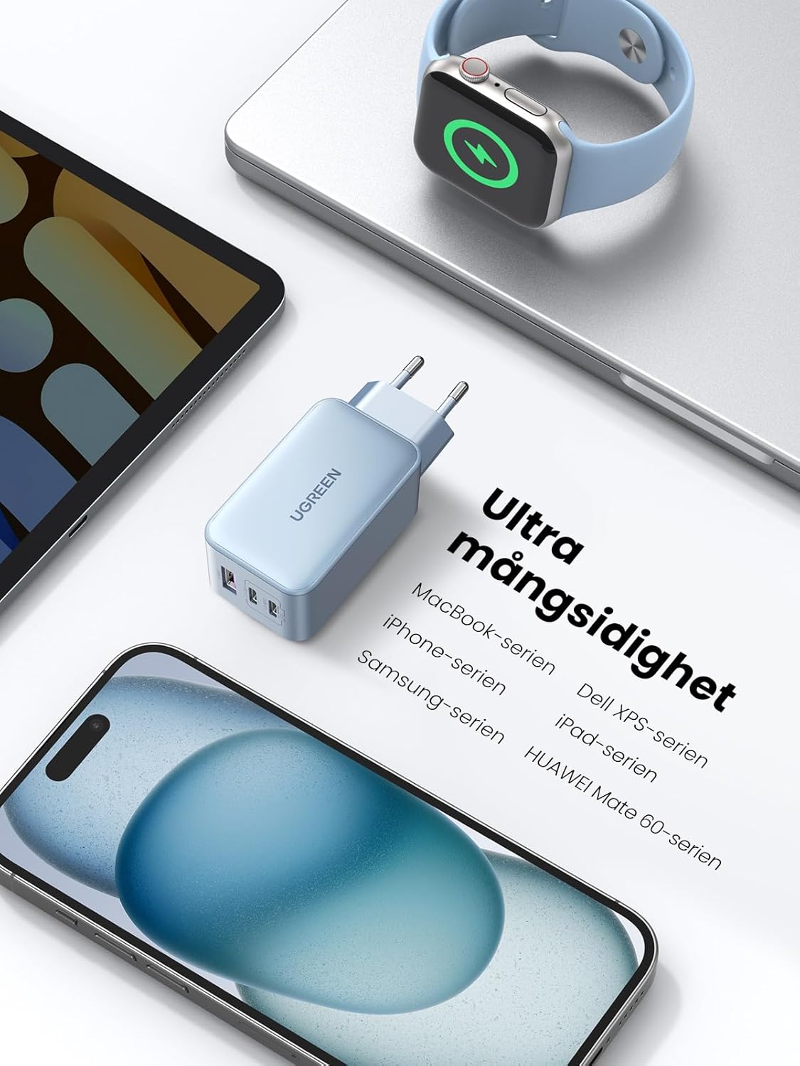 UGREEN Nexode USB C-laddare 65W USB C-strömadapter 3-portars GaN PD Charger PPS Kompatibel med MacBook Pro/Air, iPhone 16 Pro Max, 15, iPad Pro, Galaxy S24, S23, S22, Steam Deck.(Svart)