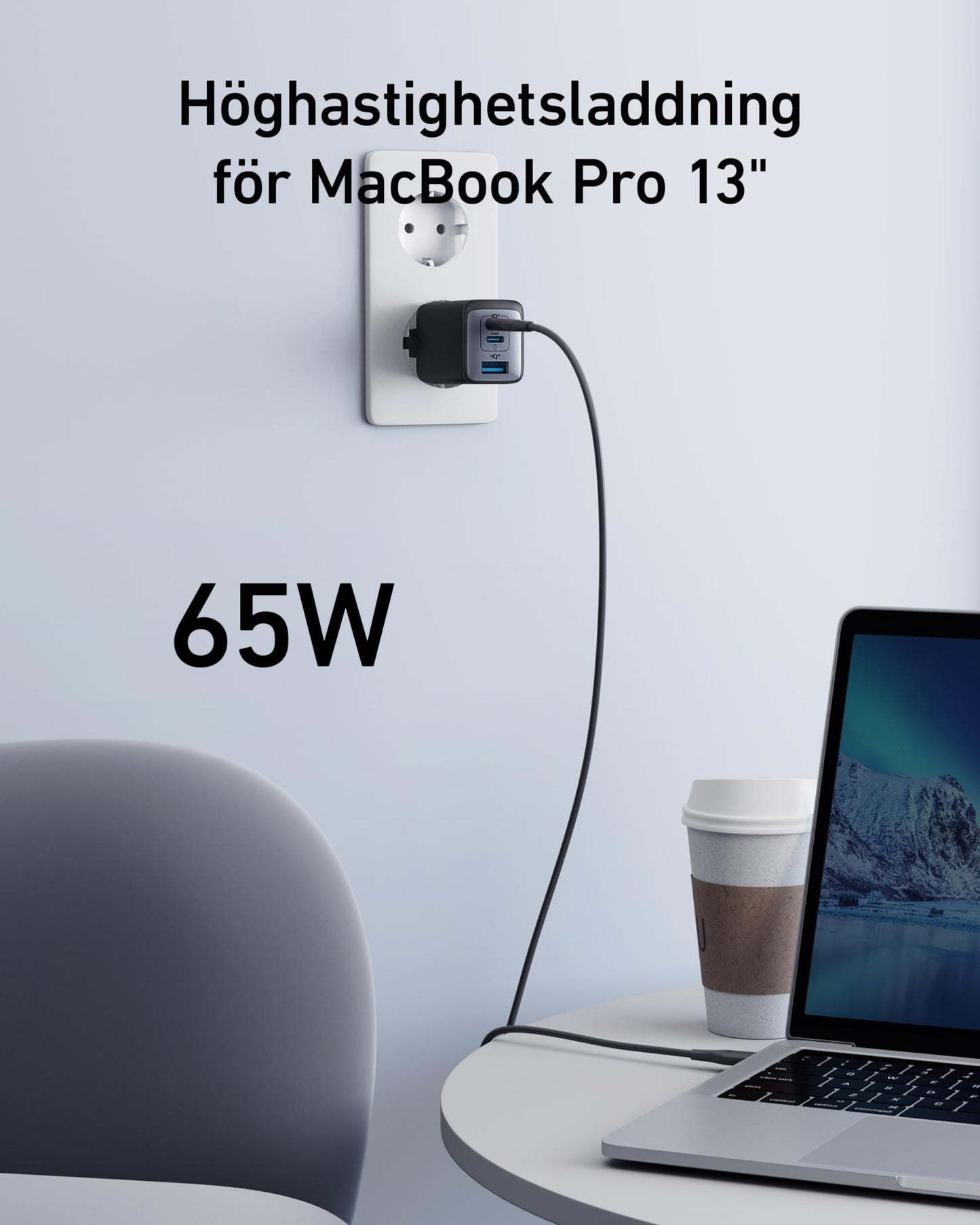 Anker USB C-laddare, 735 Laddare Nano II 65W, PPS 3-ports snabb, kompakt hopfällbar.