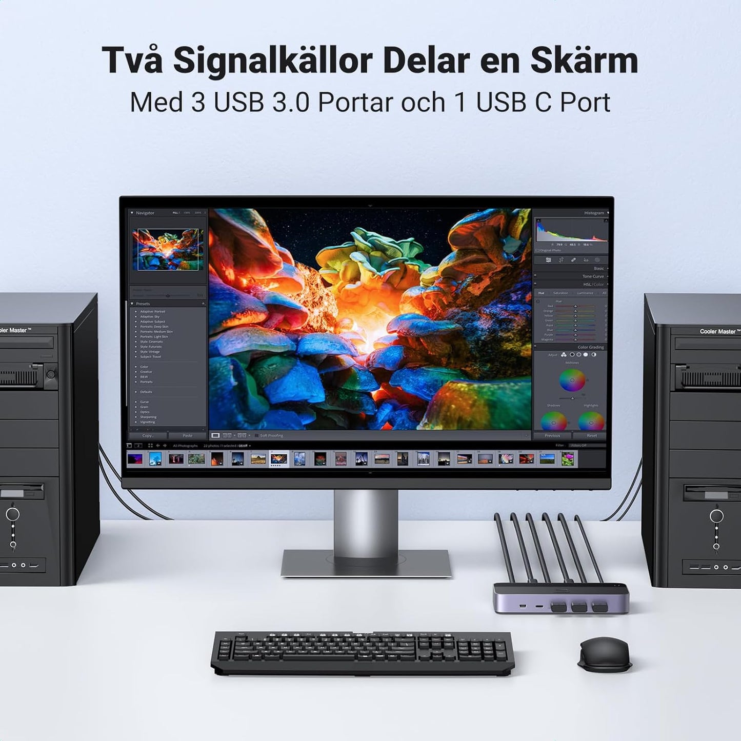 UGREEN HDMI 2.0 KVM Switch 4K@60Hz USB 3.0 Switch 4 USB portar (3*USB 3.0+ USB C) Dela 1 bildskärm och Tangentbord, Mus, Skrivare, U-disk för 2 PC med 2 USB Kablar och 2 HDMI Kablar.