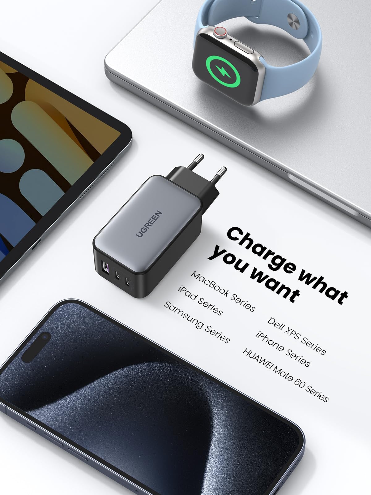UGREEN Nexode USB C-laddare 65W USB C-strömadapter 3-portars GaN PD Charger PPS Kompatibel med MacBook Pro/Air, iPhone 16 Pro Max, 15, iPad Pro, Galaxy S24, S23, S22, Steam Deck.(Svart)
