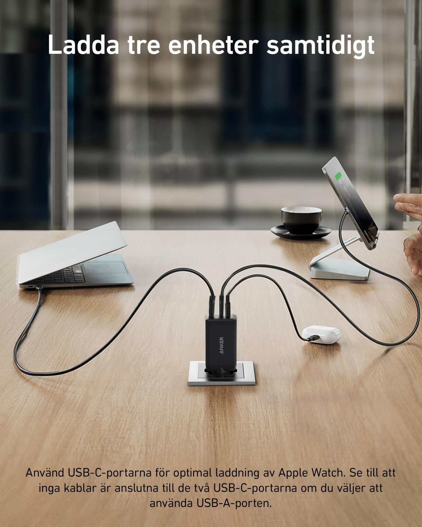 Anker USB C-laddare, 735 Laddare Nano II 65W, PPS 3-ports snabb, kompakt hopfällbar.