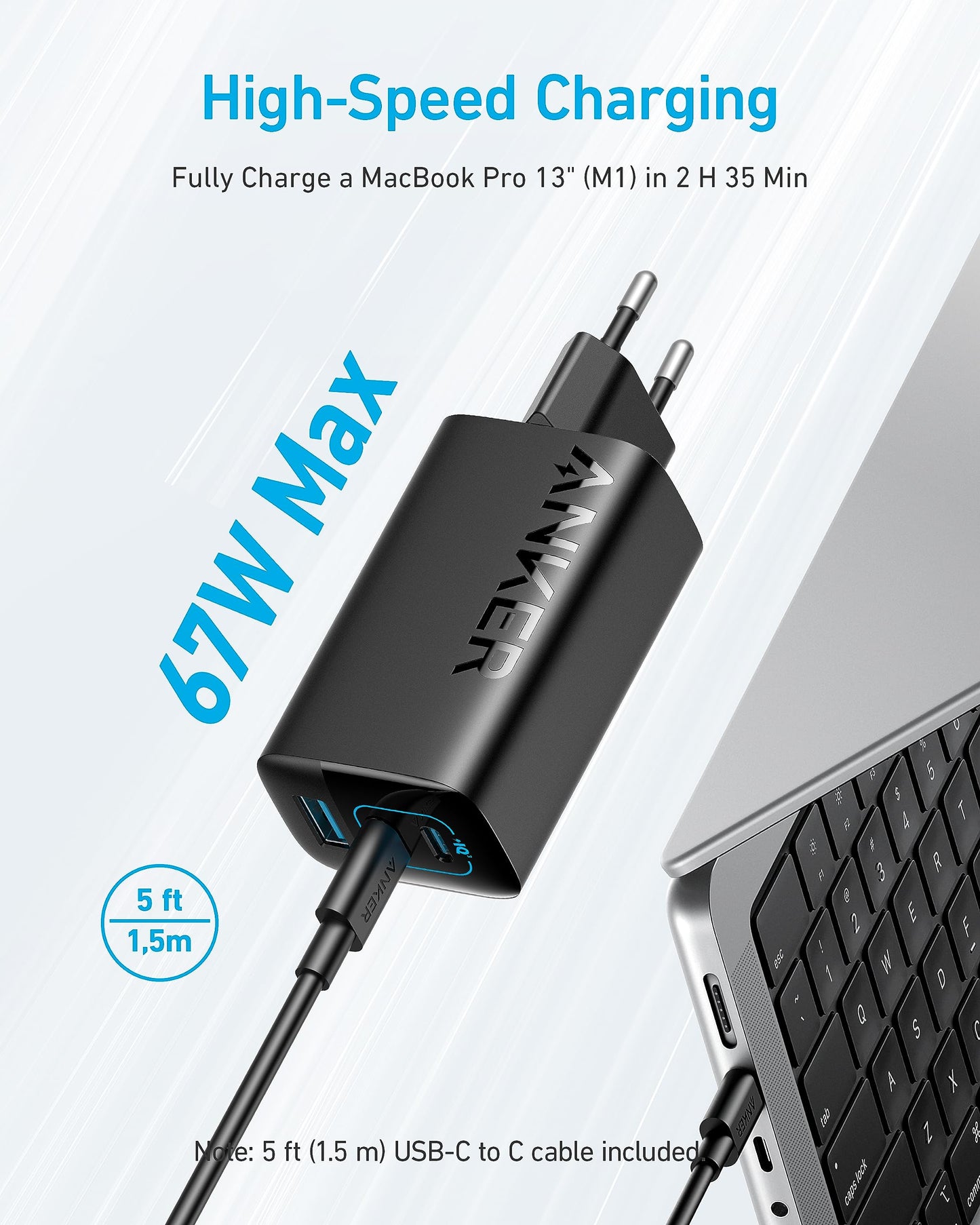 Anker 67W USB C-laddare, 3-portars PIQ 3.0 kompakt snabbladdare, 1,5 m USB C till USB C-kabel ingår)