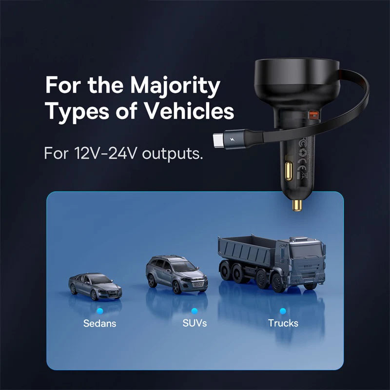 Baseus 60W Car Charger 2 in 1 Retractable Cable SCP 25W QC PD 30W