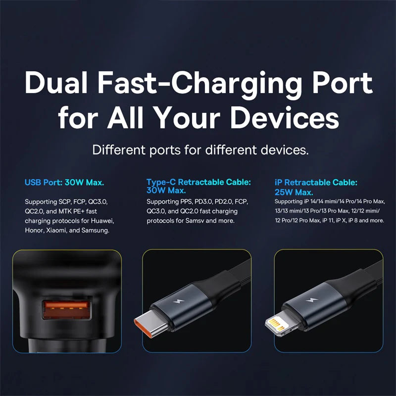 Baseus 60W Car Charger 2 in 1 Retractable Cable SCP 25W QC PD 30W
