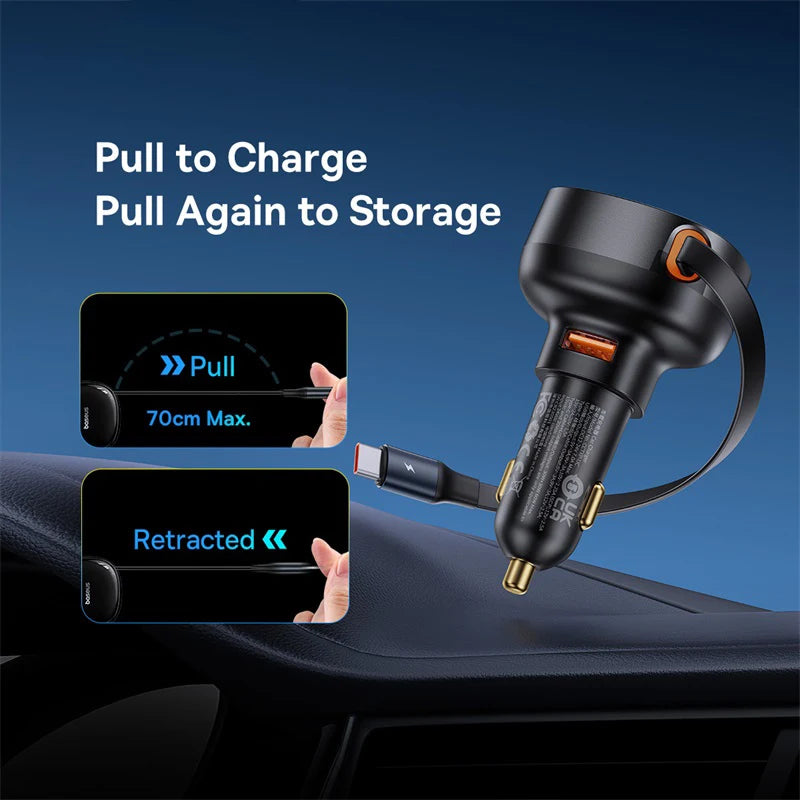 Baseus 60W Car Charger 2 in 1 Retractable Cable SCP 25W QC PD 30W