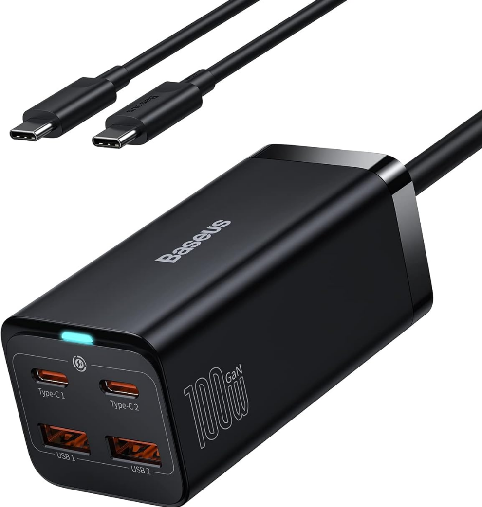 Baseus 100W USB C-laddare PD GaN III, PPS 4-portars snabbkompakt med 5 fot växelströmskabel, strömadapter för Mac-Book Pro 16″, Mac-Book Air, iP-ad Pro, Steam Deck, Galaxy S22, Dell XPS 13, Note 20