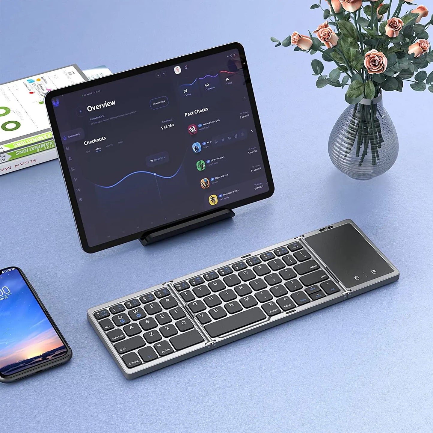 Seenda Fällbar Trådlös Bluetooth-tangentbord Uppladdningsbar Folding Bärbara för PC Mac Smartphone Windows iOS Android