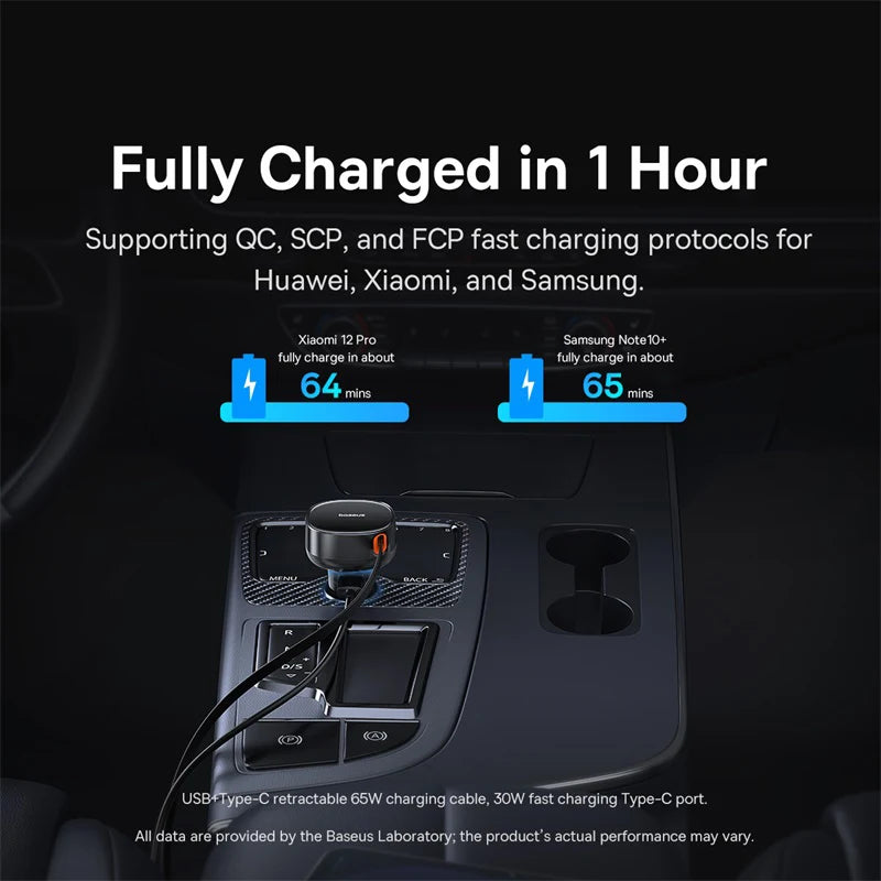 Baseus 60W Car Charger 2 in 1 Retractable Cable SCP 25W QC PD 30W