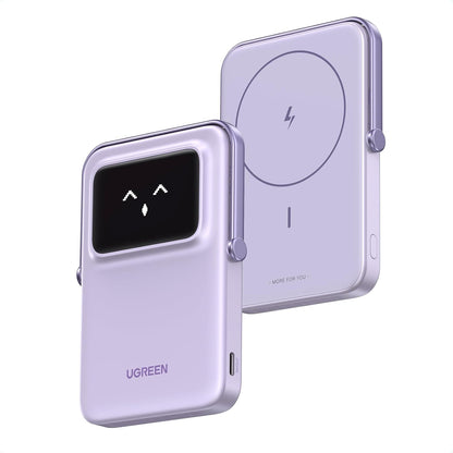 UGREEN Uno Wireless Power Bank 5000mAh Magnetisk powerbank med vikbart stativ och TFT-skärm, 20W USB-C snabbladdning, 7.5W MagSafe kompatibel med iPhone 12-16-serien (Lila)