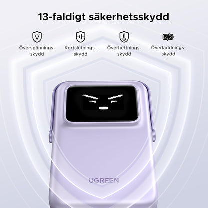 UGREEN Uno Wireless Power Bank 5000mAh Magnetisk powerbank med vikbart stativ och TFT-skärm, 20W USB-C snabbladdning, 7.5W MagSafe kompatibel med iPhone 12-16-serien (Lila)