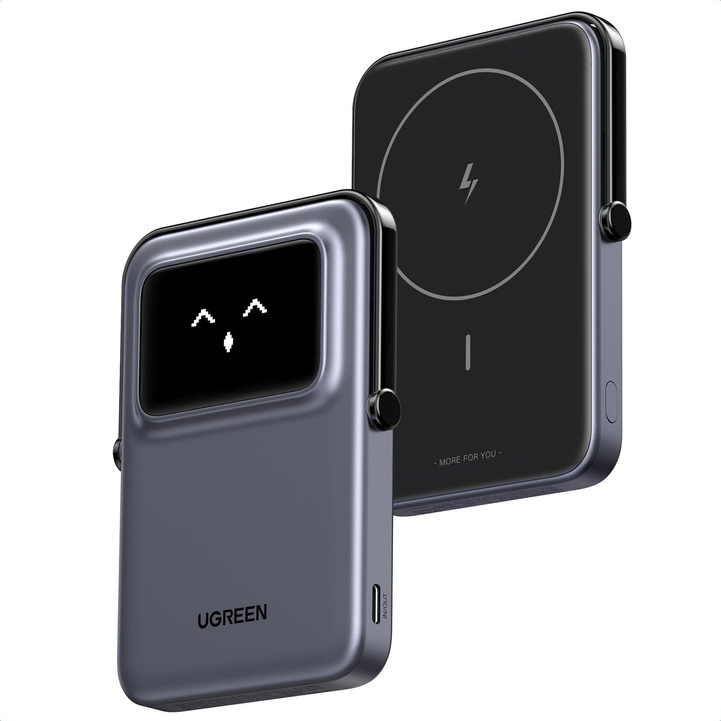 UGREEN Uno Wireless Power Bank 5000mAh Magnetisk powerbank med vikbart stativ och TFT-skärm, 20W USB-C snabbladdning, 7.5W MagSafe kompatibel med iPhone 12-16-serien (Lila)