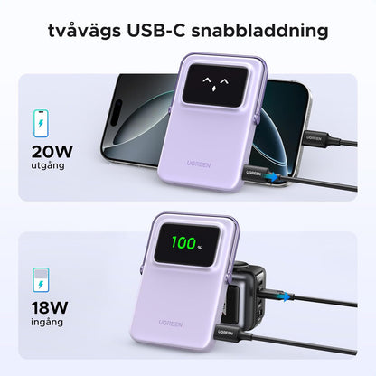 UGREEN Uno Wireless Power Bank 5000mAh Magnetisk powerbank med vikbart stativ och TFT-skärm, 20W USB-C snabbladdning, 7.5W MagSafe kompatibel med iPhone 12-16-serien (Lila)
