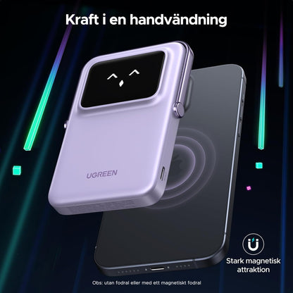 UGREEN Uno Wireless Power Bank 5000mAh Magnetisk powerbank med vikbart stativ och TFT-skärm, 20W USB-C snabbladdning, 7.5W MagSafe kompatibel med iPhone 12-16-serien (Lila)