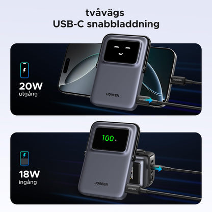 UGREEN Uno Wireless Power Bank 5000mAh Magnetisk powerbank med vikbart stativ och TFT-skärm, 20W USB-C snabbladdning, 7.5W MagSafe kompatibel med iPhone 12-16-serien (Lila)