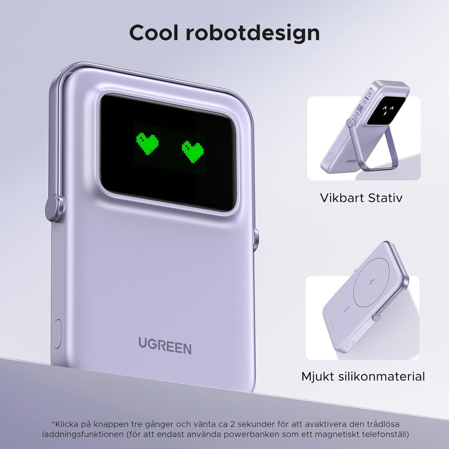 UGREEN Uno Wireless Power Bank 5000mAh Magnetisk powerbank med vikbart stativ och TFT-skärm, 20W USB-C snabbladdning, 7.5W MagSafe kompatibel med iPhone 12-16-serien (Lila)