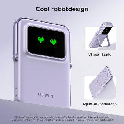 UGREEN Uno Wireless Power Bank 5000mAh Magnetisk powerbank med vikbart stativ och TFT-skärm, 20W USB-C snabbladdning, 7.5W MagSafe kompatibel med iPhone 12-16-serien (Lila)
