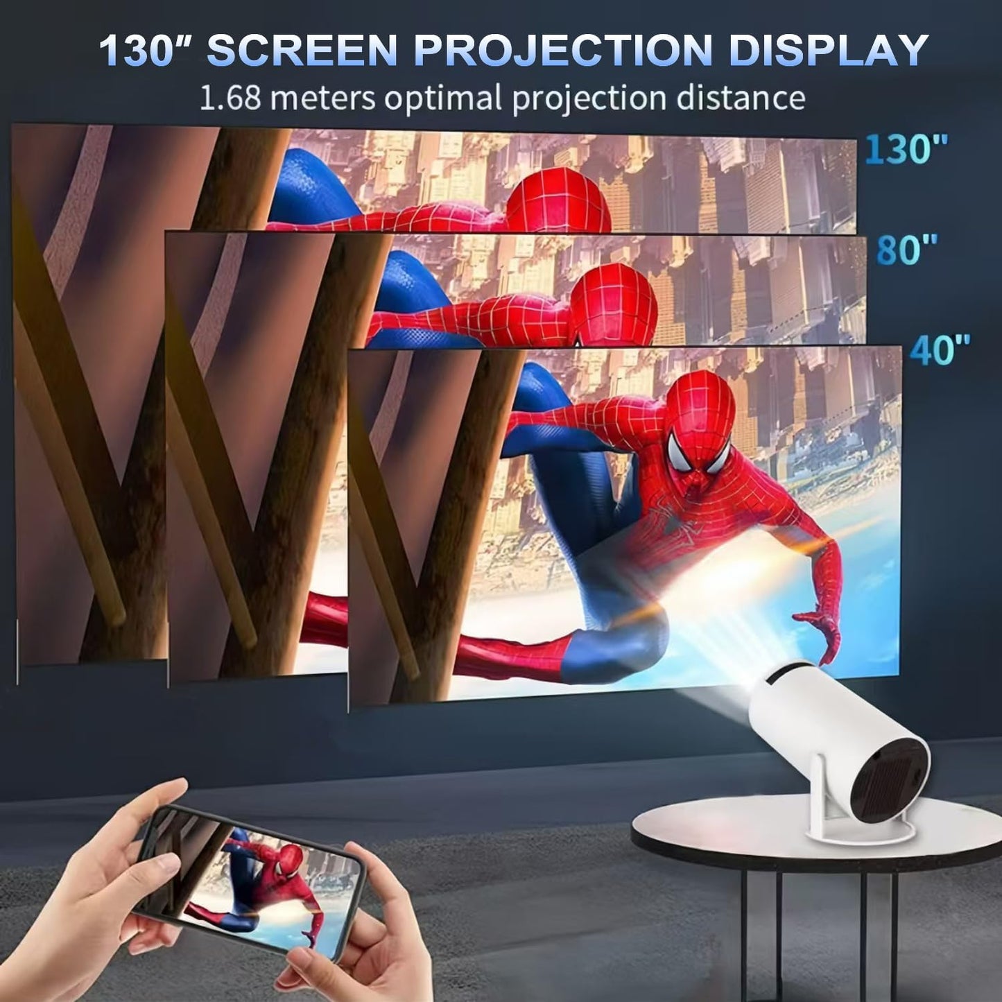 Bärbar 4K 1080P Full HD mini projektor, kompatibel med Android 11 och Netflix - WiFi 6, BT 5.0, 180° rotation, liten hemmabioprojektor