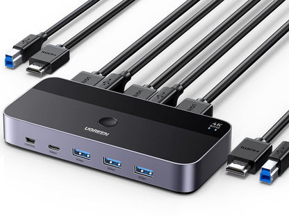 UGREEN HDMI 2.0 KVM Switch 4K@60Hz USB 3.0 Switch 4 USB portar (3*USB 3.0+ USB C) Dela 1 bildskärm och Tangentbord, Mus, Skrivare, U-disk för 2 PC med 2 USB Kablar och 2 HDMI Kablar.