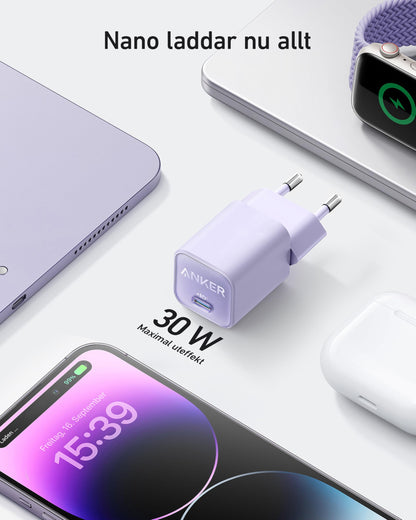 Anker USB-C GaN-laddare 30 W, 511-laddare (Nano 3), snabbladdare med PIQ 3.0 och PPS.