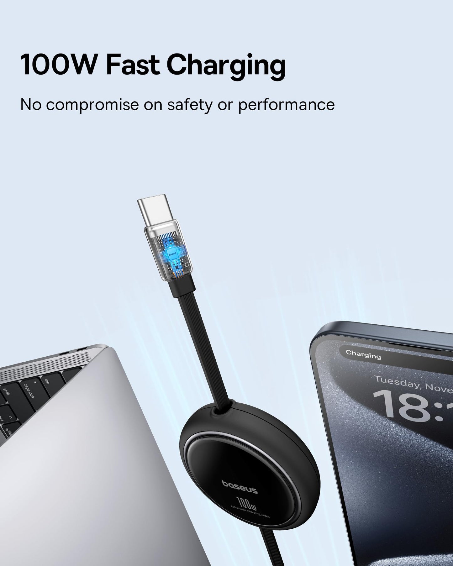 Baseus USB C-kabel, 100 W, PD 5A QC 4.0 mini, utdragbar, snabbladdningskabel, USB-C-till-USB-C-kabel, 4-stegs längd, förinställd laddningskabel för iPhone 15, Samsung, iPad, lätt att förvara, bärbar