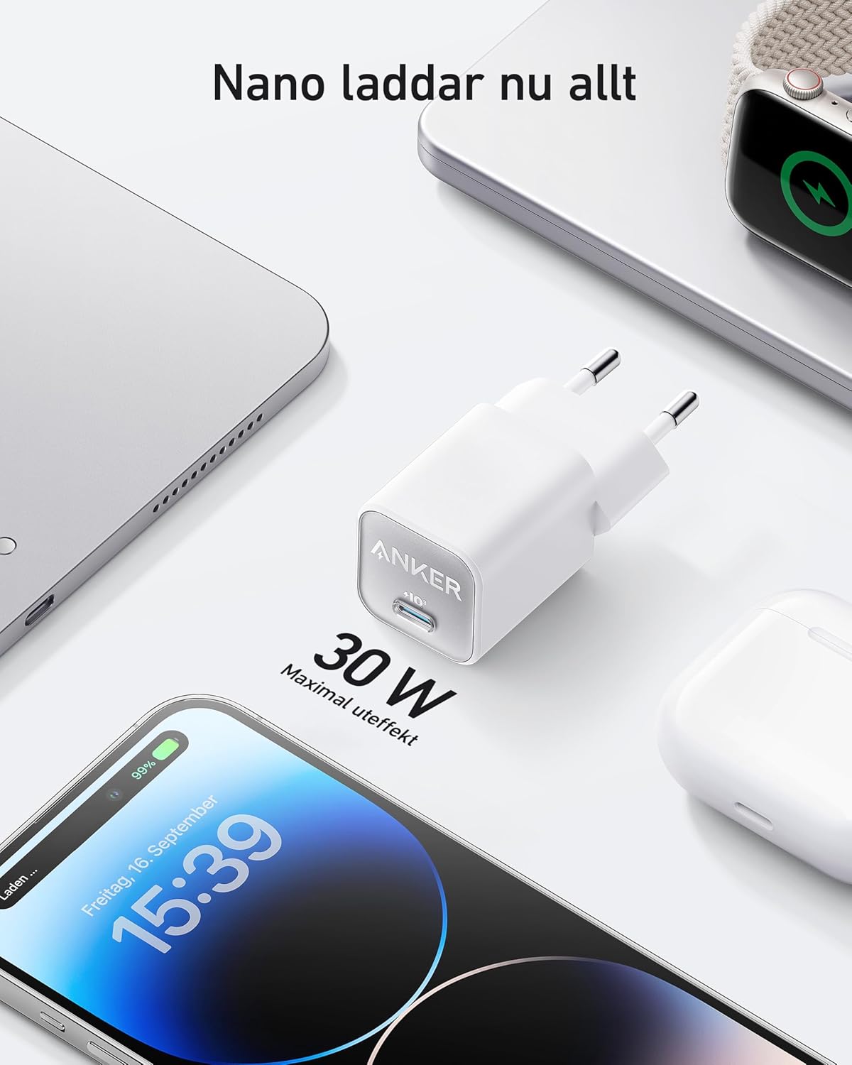 Anker USB-C GaN-laddare 30 W, 511-laddare (Nano 3), snabbladdare med PIQ 3.0 och PPS.