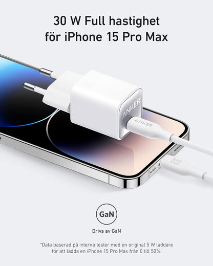 Anker USB-C GaN-laddare 30 W, 511-laddare (Nano 3), snabbladdare med PIQ 3.0 och PPS.