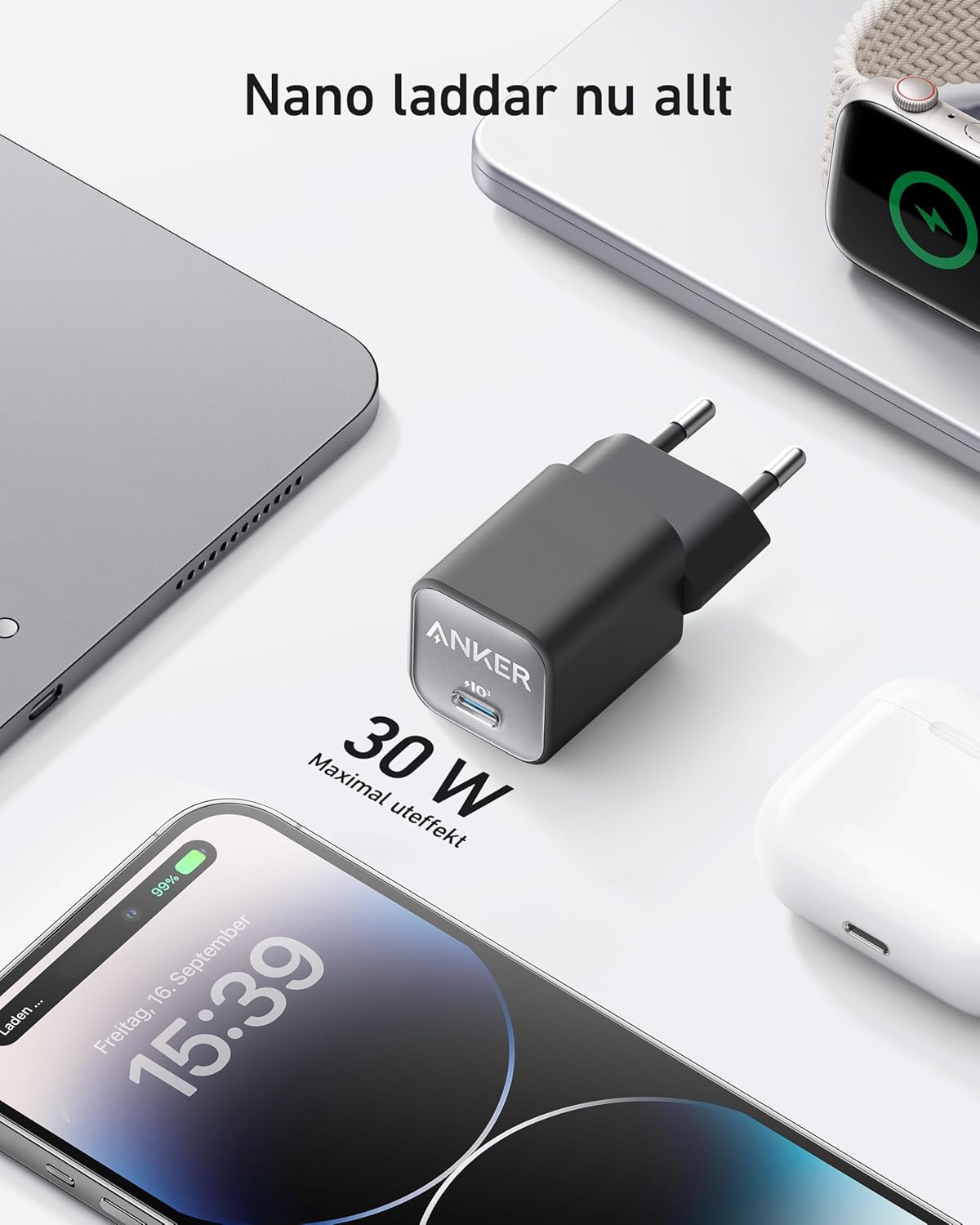 Anker USB-C GaN-laddare 30 W, 511-laddare (Nano 3), snabbladdare med PIQ 3.0 och PPS.