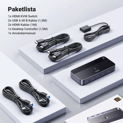 UGREEN HDMI 2.0 KVM Switch 4K@60Hz USB 3.0 Switch 4 USB portar (3*USB 3.0+ USB C) Dela 1 bildskärm och Tangentbord, Mus, Skrivare, U-disk för 2 PC med 2 USB Kablar och 2 HDMI Kablar.