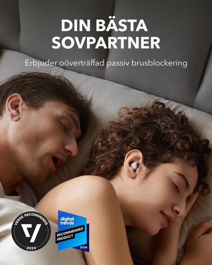 Anker Sleep Earbuds, brusblockerande sömnhörlurar, liten design för sidosovare, 80 timmars speltid, strömma innehåll via Bluetooth 5,3, sömnmonitor, personlig alarm