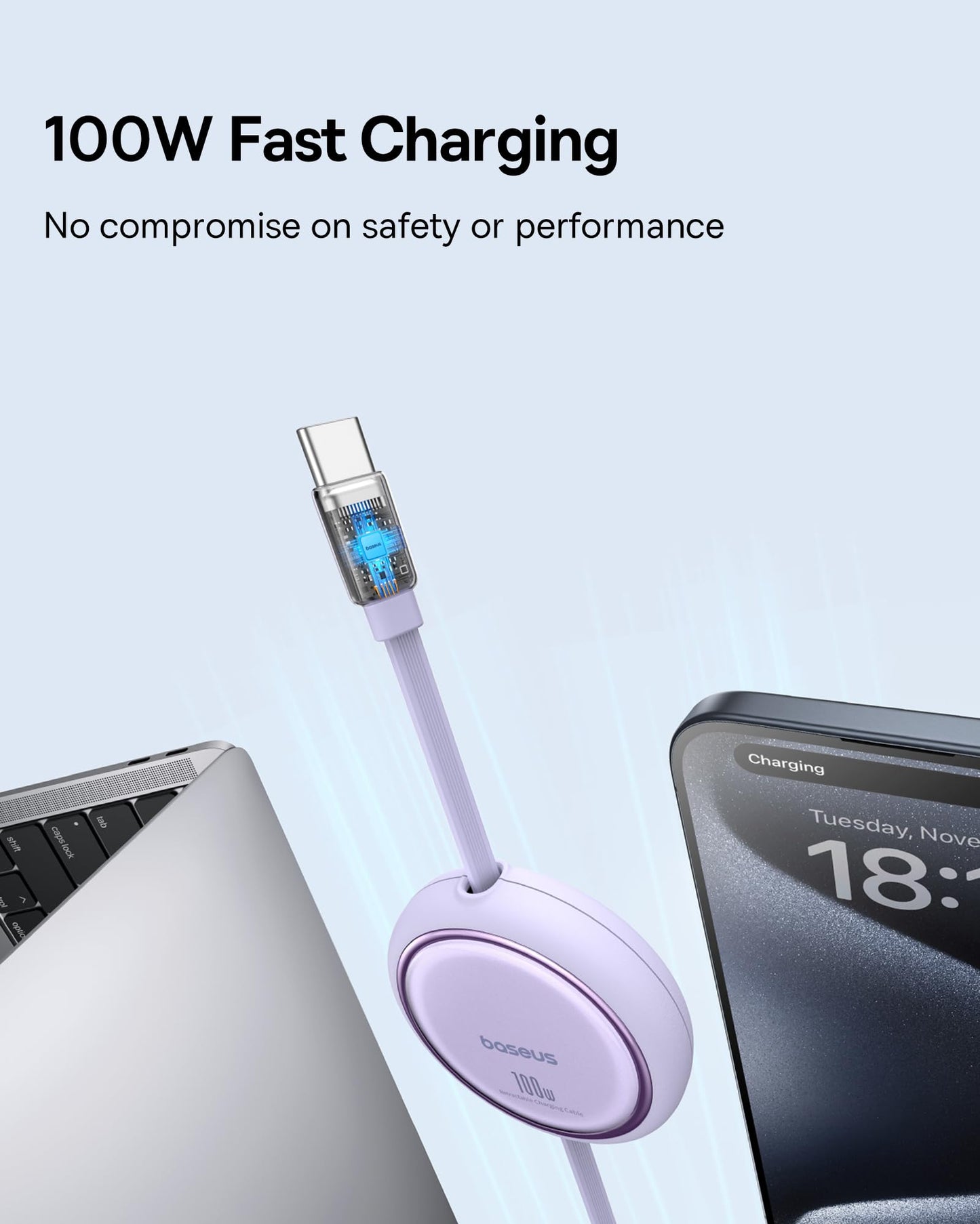 Baseus USB C-kabel, 100 W, PD 5A QC 4.0 mini, utdragbar, snabbladdningskabel, USB-C-till-USB-C-kabel, 4-stegs längd, förinställd laddningskabel för iPhone 15, Samsung, iPad, lätt att förvara, bärbar