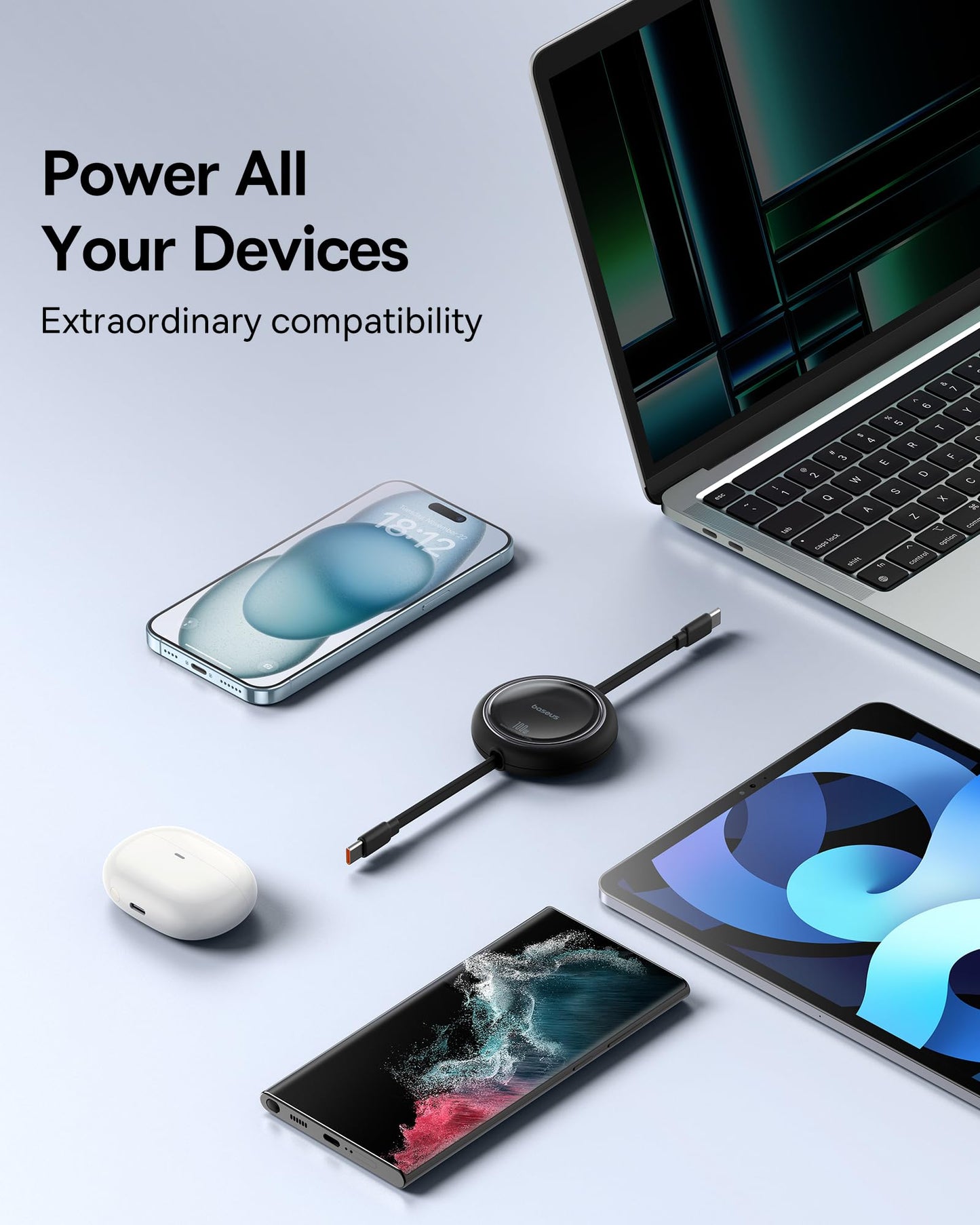 Baseus USB C-kabel, 100 W, PD 5A QC 4.0 mini, utdragbar, snabbladdningskabel, USB-C-till-USB-C-kabel, 4-stegs längd, förinställd laddningskabel för iPhone 15, Samsung, iPad, lätt att förvara, bärbar