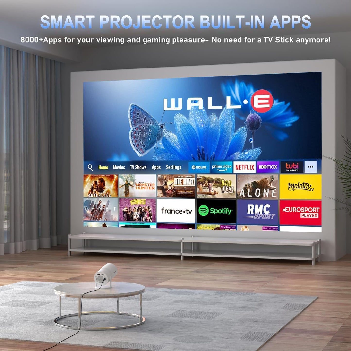 Bärbar 4K 1080P Full HD mini projektor, kompatibel med Android 11 och Netflix - WiFi 6, BT 5.0, 180° rotation, liten hemmabioprojektor