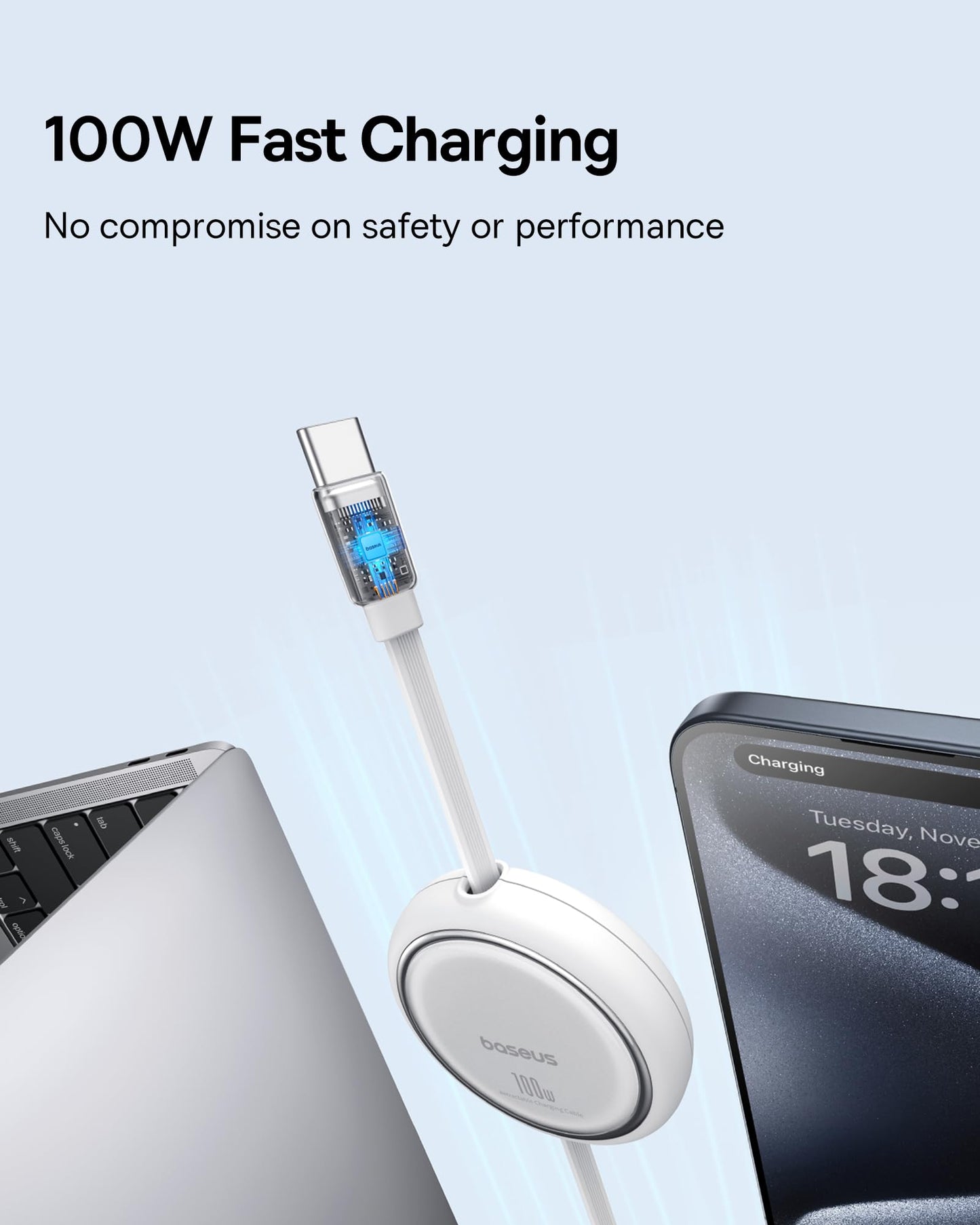 Baseus USB C-kabel, 100 W, PD 5A QC 4.0 mini, utdragbar, snabbladdningskabel, USB-C-till-USB-C-kabel, 4-stegs längd, förinställd laddningskabel för iPhone 15, Samsung, iPad, lätt att förvara, bärbar