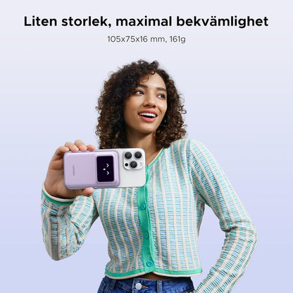 UGREEN Uno Wireless Power Bank 5000mAh Magnetisk powerbank med vikbart stativ och TFT-skärm, 20W USB-C snabbladdning, 7.5W MagSafe kompatibel med iPhone 12-16-serien (Lila)