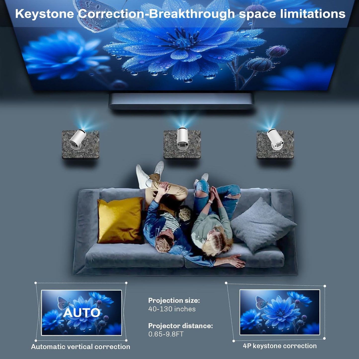Bärbar 4K 1080P Full HD mini projektor, kompatibel med Android 11 och Netflix - WiFi 6, BT 5.0, 180° rotation, liten hemmabioprojektor