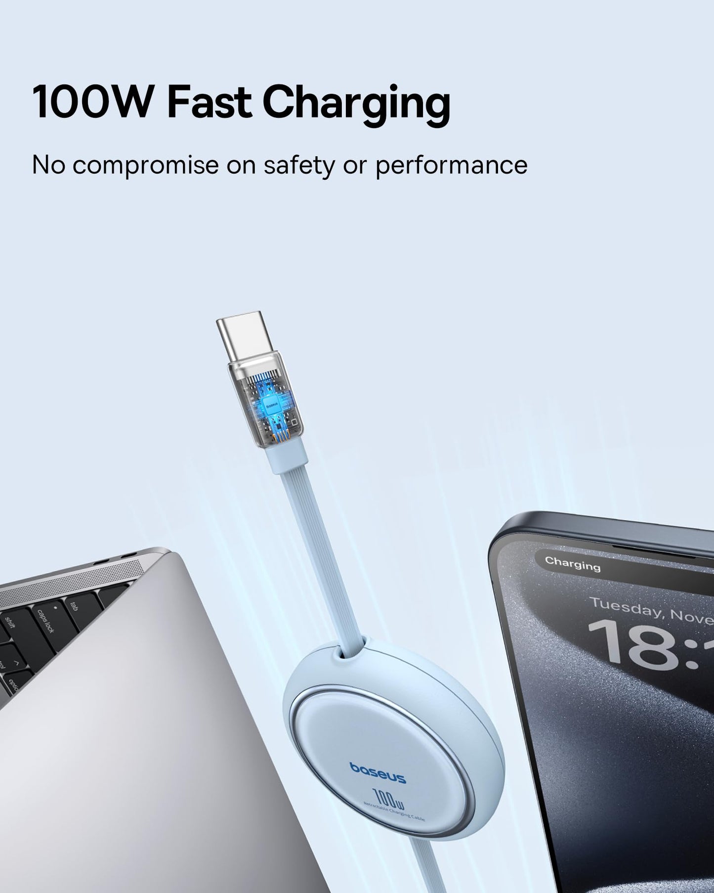 Baseus USB C-kabel, 100 W, PD 5A QC 4.0 mini, utdragbar, snabbladdningskabel, USB-C-till-USB-C-kabel, 4-stegs längd, förinställd laddningskabel för iPhone 15, Samsung, iPad, lätt att förvara, bärbar