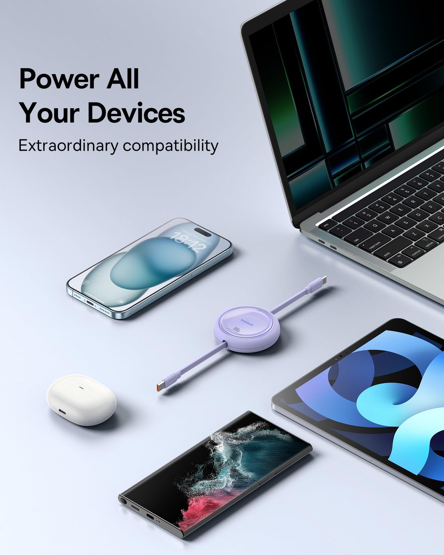 Baseus USB C-kabel, 100 W, PD 5A QC 4.0 mini, utdragbar, snabbladdningskabel, USB-C-till-USB-C-kabel, 4-stegs längd, förinställd laddningskabel för iPhone 15, Samsung, iPad, lätt att förvara, bärbar