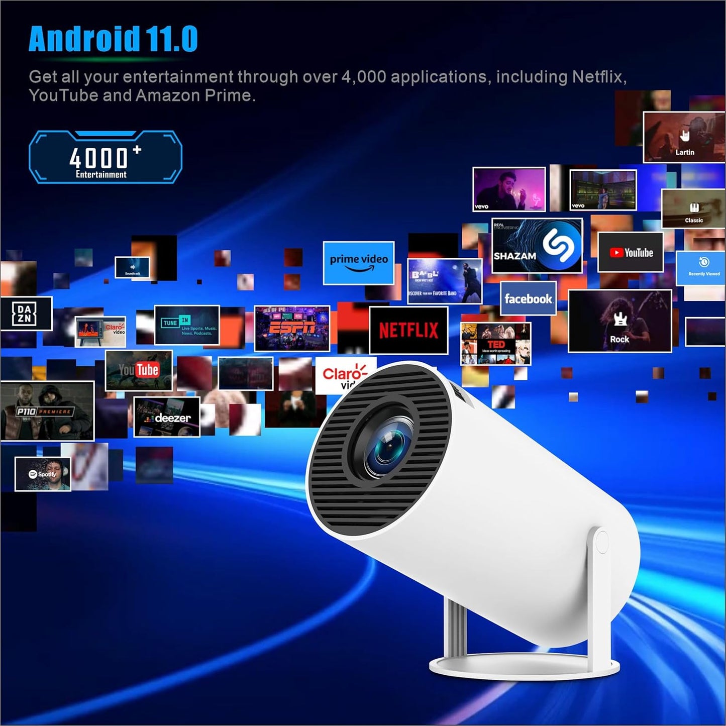 Bärbar 4K 1080P Full HD mini projektor, kompatibel med Android 11 och Netflix - WiFi 6, BT 5.0, 180° rotation, liten hemmabioprojektor